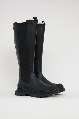 Alexander McQueen Black Leather Tread Slick Knee Boot