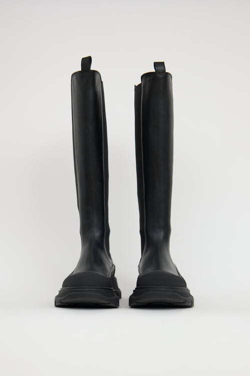 Alexander McQueen Black Leather Tread Slick Knee Boot