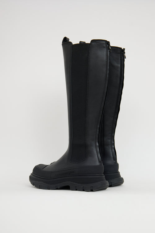 Alexander McQueen Black Leather Tread Slick Knee Boot