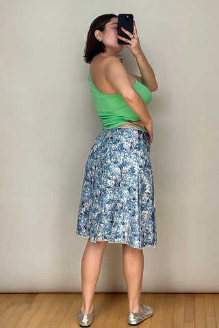 Light Blue 
Multicolour Silk Floral Pleated Skirt