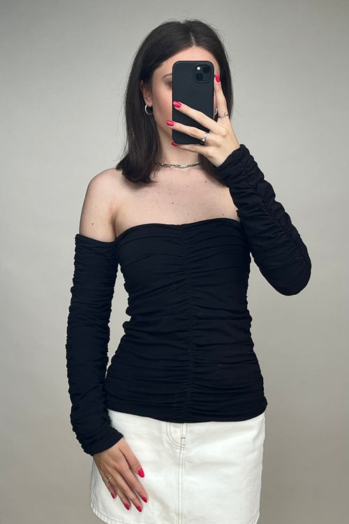 Black Cotton Ruched Off Shoulder Top