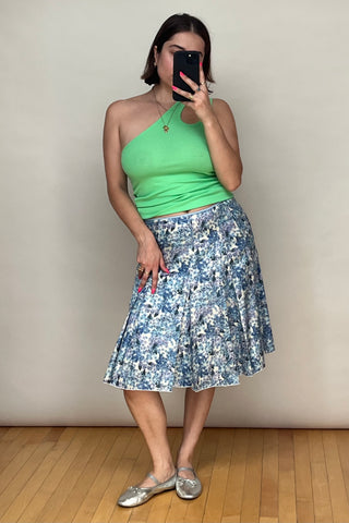 Light Blue 
Multicolour Silk Floral Pleated Skirt