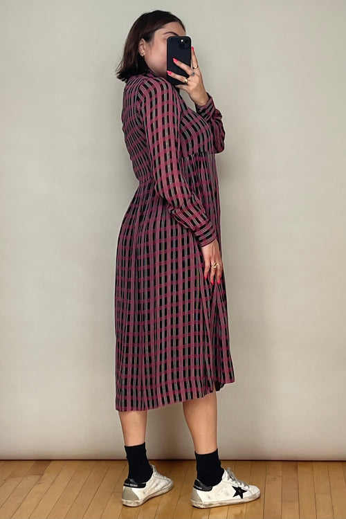 Black 
Pink Check Gathered Midi Dress