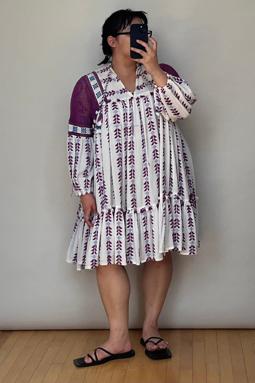 Purple 
White Embroidered Midi Dress