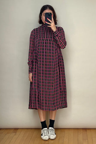 Black 
Pink Check Gathered Midi Dress