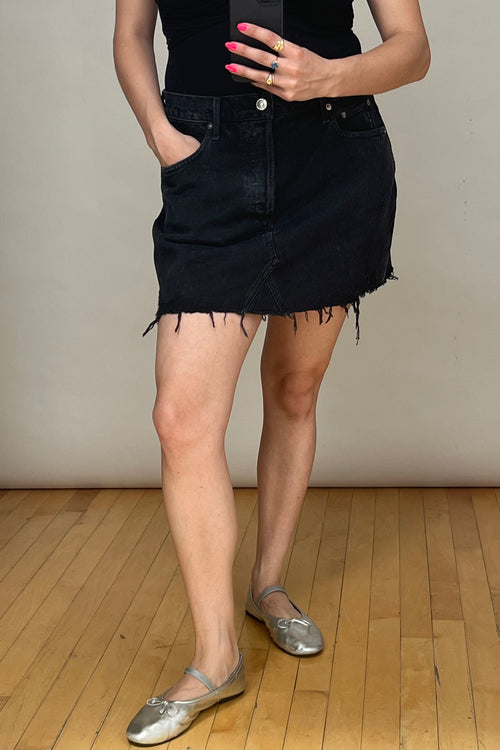 Black Wash Denim Raw Hem Mini Skirt