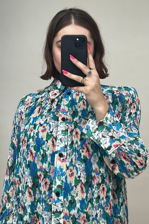 Blue 
Multicolour Plissé Floral Shirt Dress