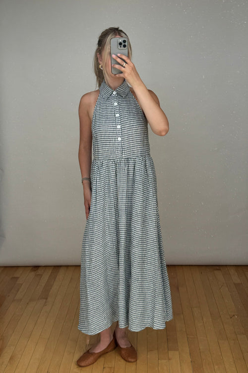 Teal 
White Linen Tace Gingham Dress