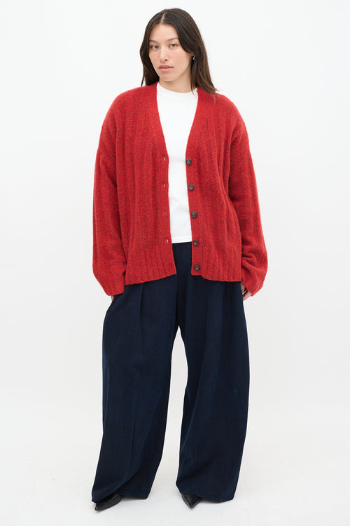 6397 Red Wool Knit Ribbed Cardigan