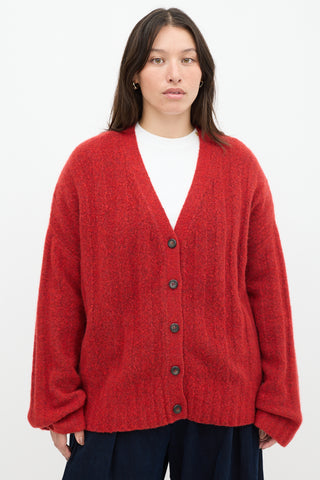 6397 Red Wool Knit Ribbed Cardigan