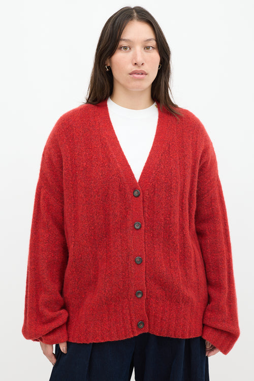 6397 Red Wool Knit Ribbed Cardigan