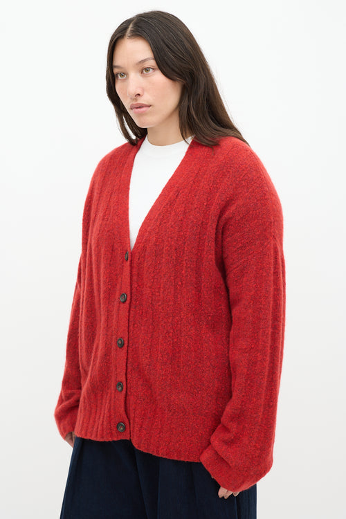 6397 Red Wool Knit Ribbed Cardigan