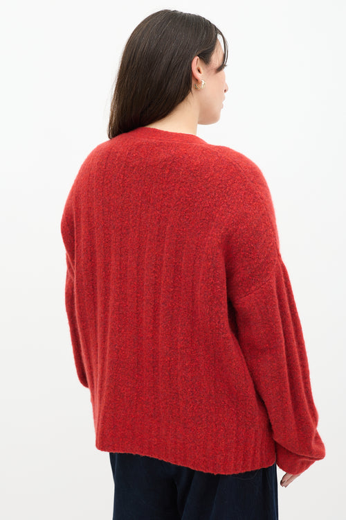 6397 Red Wool Knit Ribbed Cardigan