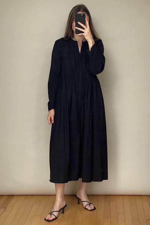 Black Cotton Gathered Dress