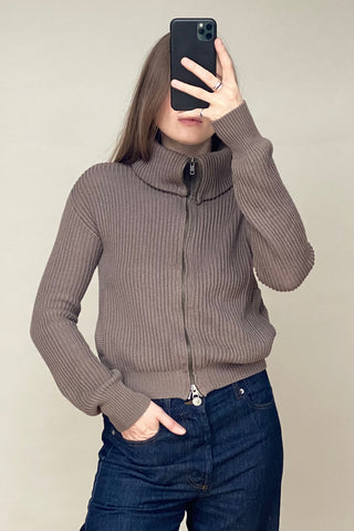 Brown Knit Zipped Funnel Collar Cardigan