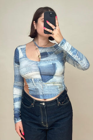 Light Blue Anja Denim Patch Print Cutout Top