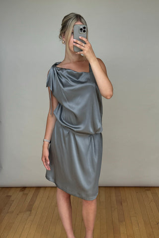 Grey Silk Asymmetrical Tie Dress