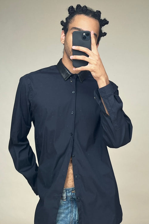 Navy Cotton 
Leather Collar Shirt