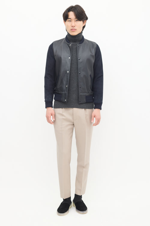 A.P.C. Navy Leather 
Suede Varsity Jacket