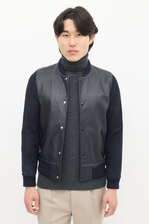 A.P.C. Navy Leather 
Suede Varsity Jacket