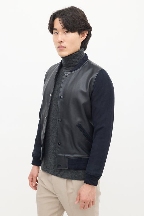 A.P.C. Navy Leather 
Suede Varsity Jacket