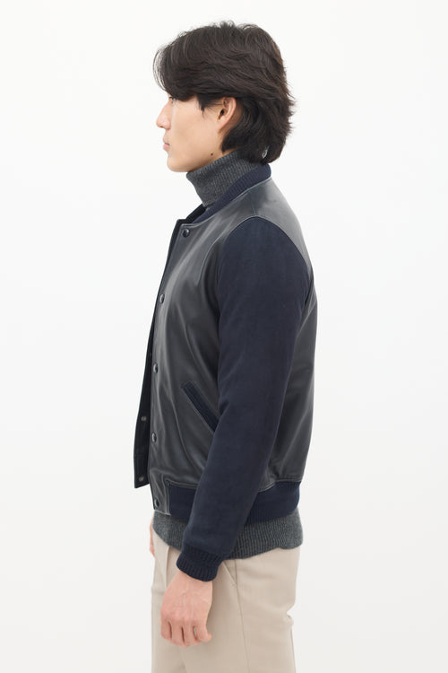 A.P.C. Navy Leather 
Suede Varsity Jacket