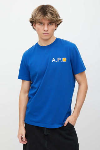 A.P.C. X Carhartt WIP Blue 
White Logo T-Shirt