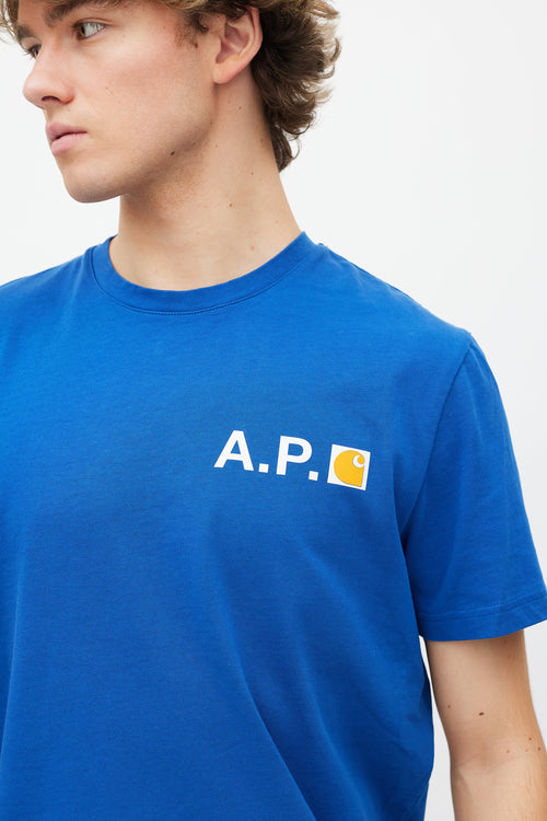 A.P.C. X Carhartt WIP Blue 
White Logo T-Shirt