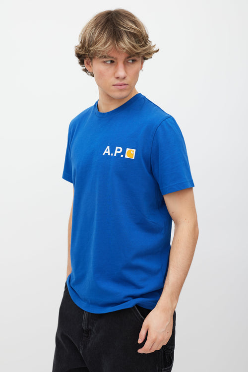 A.P.C. X Carhartt WIP Blue 
White Logo T-Shirt