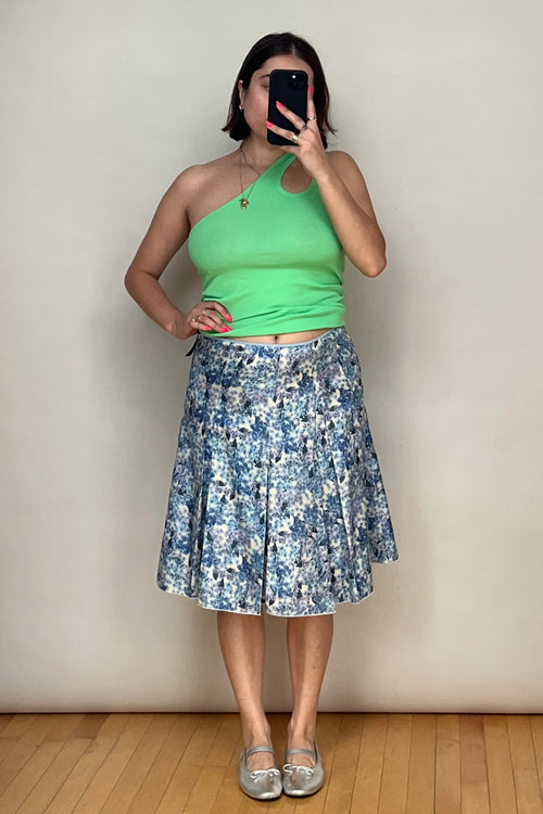 Light Blue 
Multicolour Silk Floral Pleated Skirt