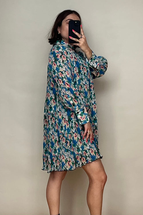 Blue 
Multicolour Plissé Floral Shirt Dress