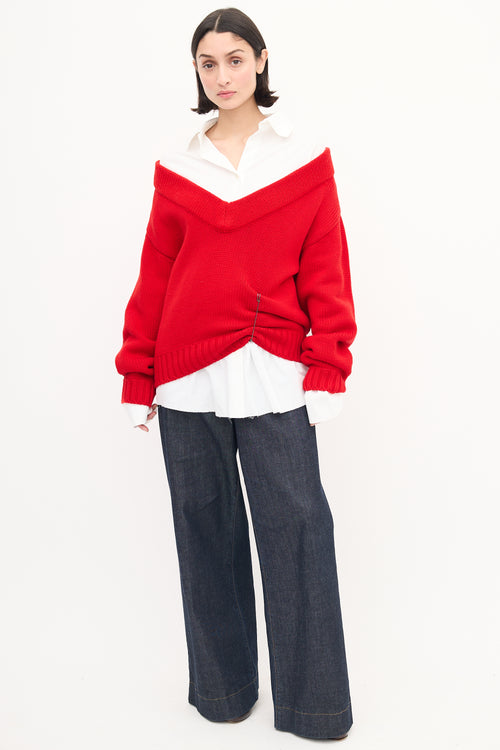 Act N°1 White shirt 
Red Wool Knit Sweater