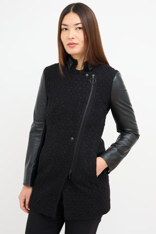 Akris Wool Tweed 
Black Leather Jacket