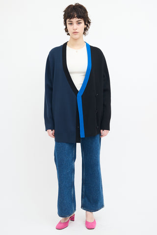 Akris Navy 
Black Asymmetrical Colour Block Cardigan