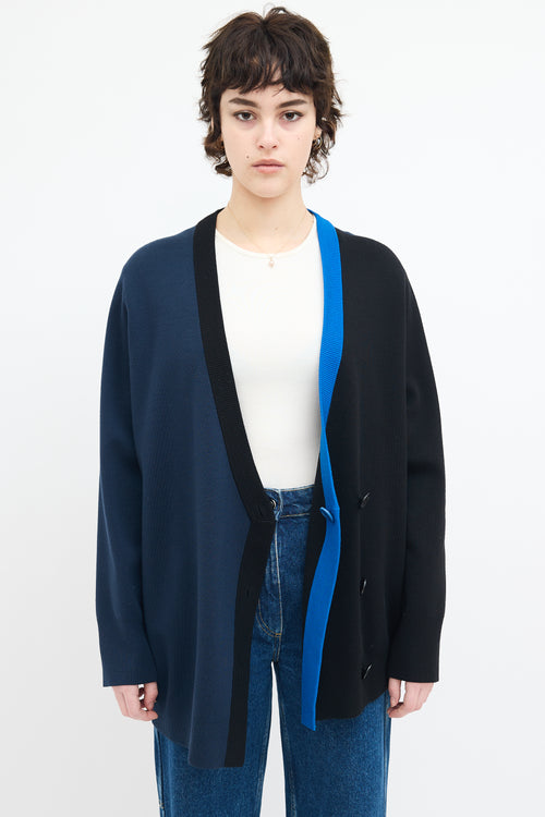 Akris Navy 
Black Asymmetrical Colour Block Cardigan