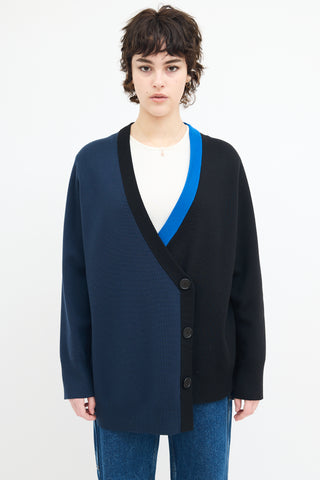 Akris Navy 
Black Asymmetrical Colour Block Cardigan