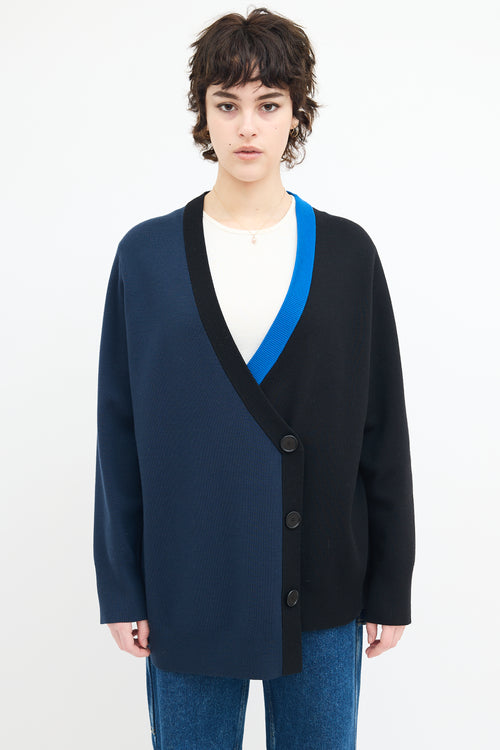 Akris Navy 
Black Asymmetrical Colour Block Cardigan