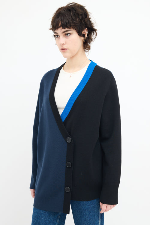 Akris Navy 
Black Asymmetrical Colour Block Cardigan