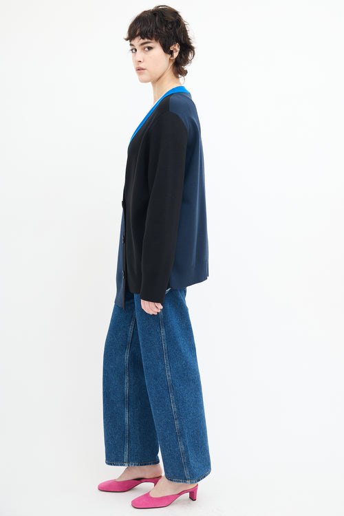 Akris Navy 
Black Asymmetrical Colour Block Cardigan