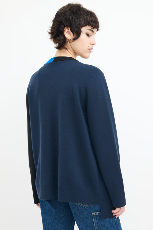 Akris Navy 
Black Asymmetrical Colour Block Cardigan