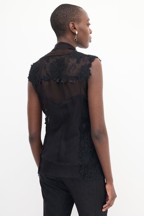 Alberta Ferretti Black Silk Lace Neck Tie Blouse