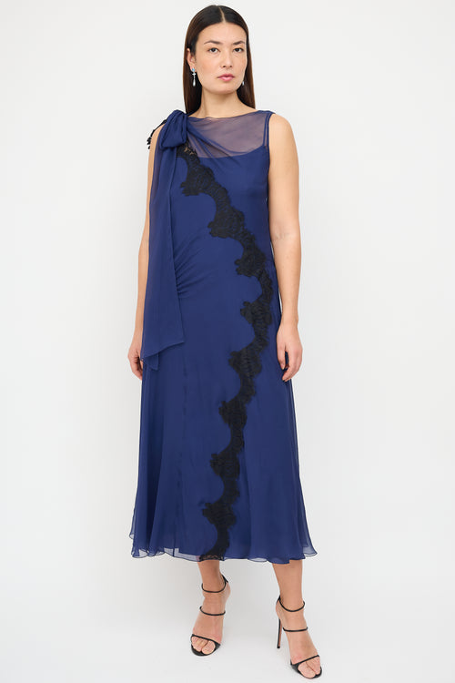 Alberta Ferretti Navy Silk Sash Overlay Dress