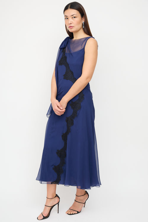 Alberta Ferretti Navy Silk Sash Overlay Dress