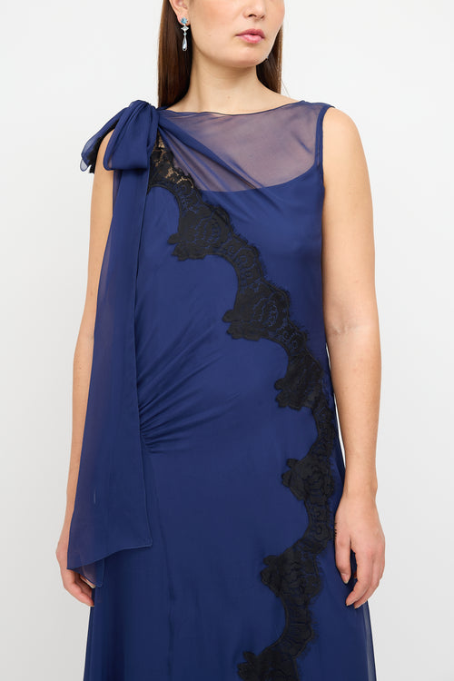 Alberta Ferretti Navy Silk Sash Overlay Dress