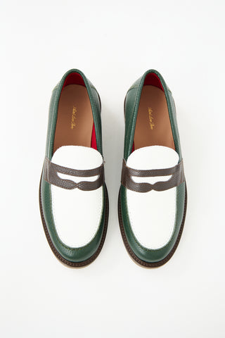 Aimé Leon Dore Dark Green 
White Leather Penny Loafer