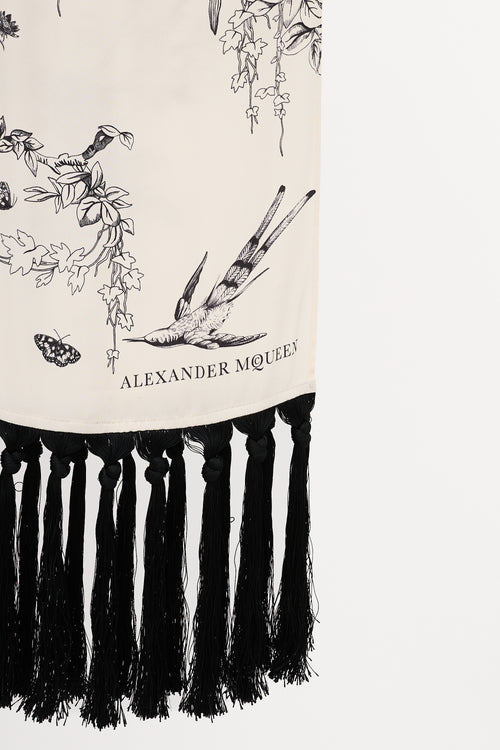 Alexander McQueen Cream 
Black Floral Branch Fringe Scarf