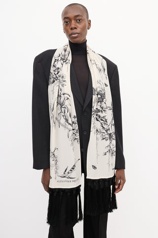 Alexander McQueen Cream 
Black Floral Branch Fringe Scarf