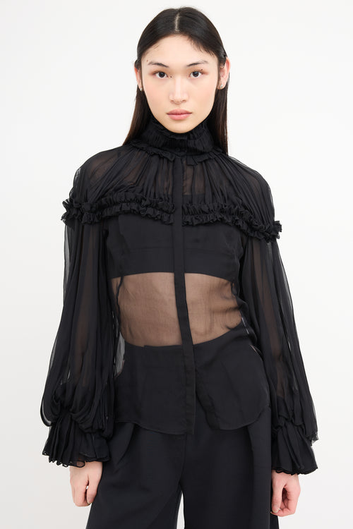 Alexander McQueen Black Silk Ruffle Sheer Blouse