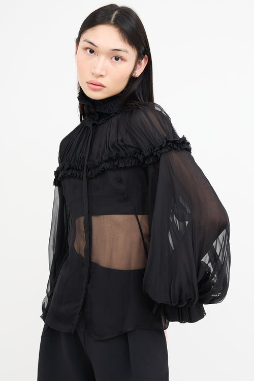 Alexander McQueen Black Silk Ruffle Sheer Blouse