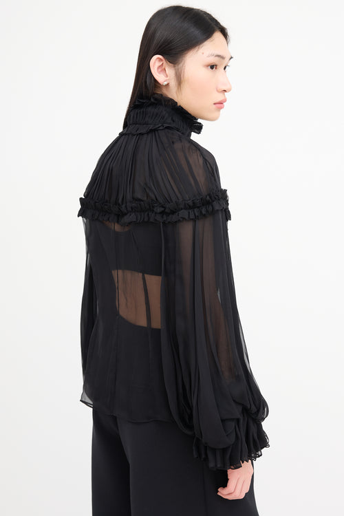 Alexander McQueen Black Silk Ruffle Sheer Blouse